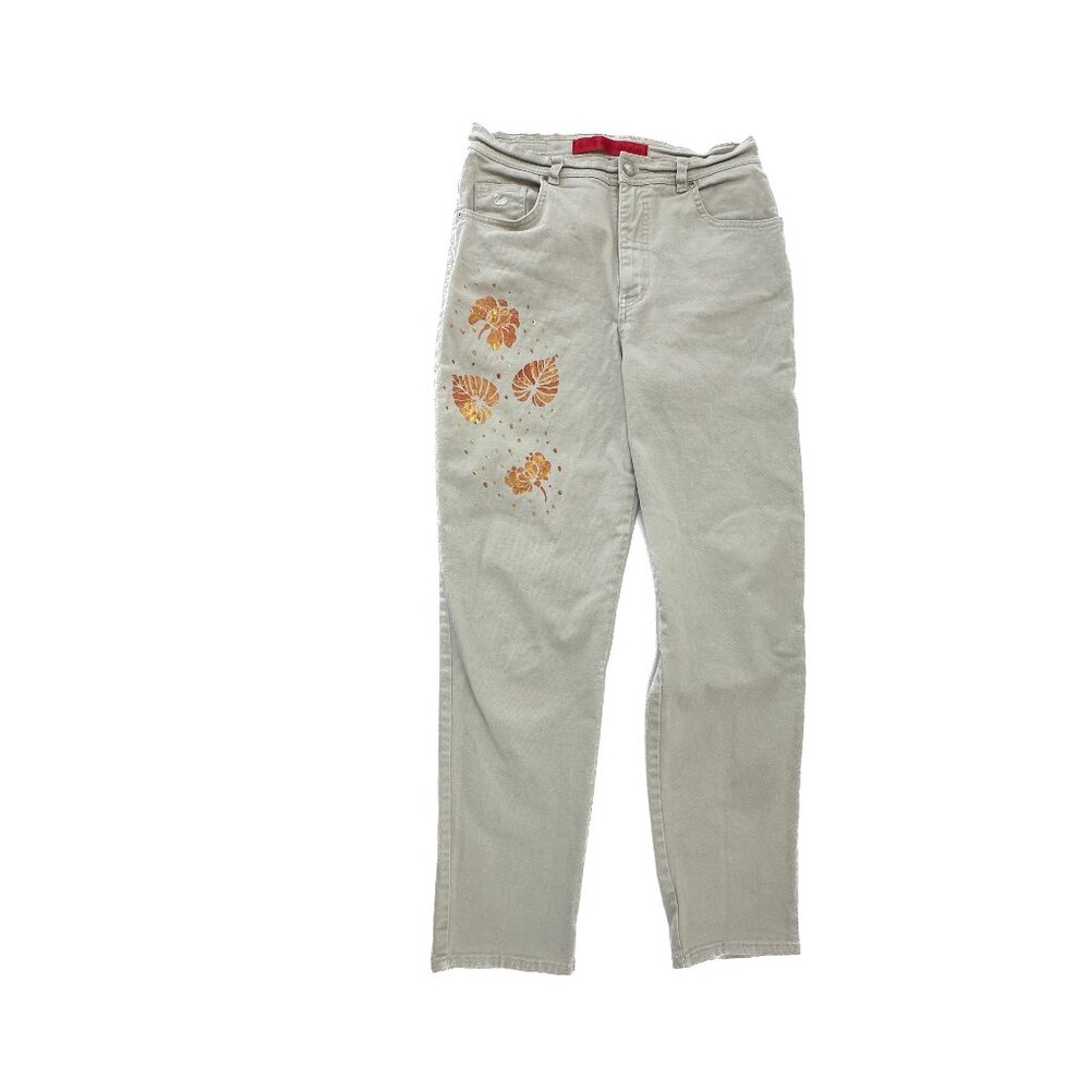 Gloria Vanderbilt‎ Jeans Womens 10 Beige Straight Leg Hand Painted Leaves